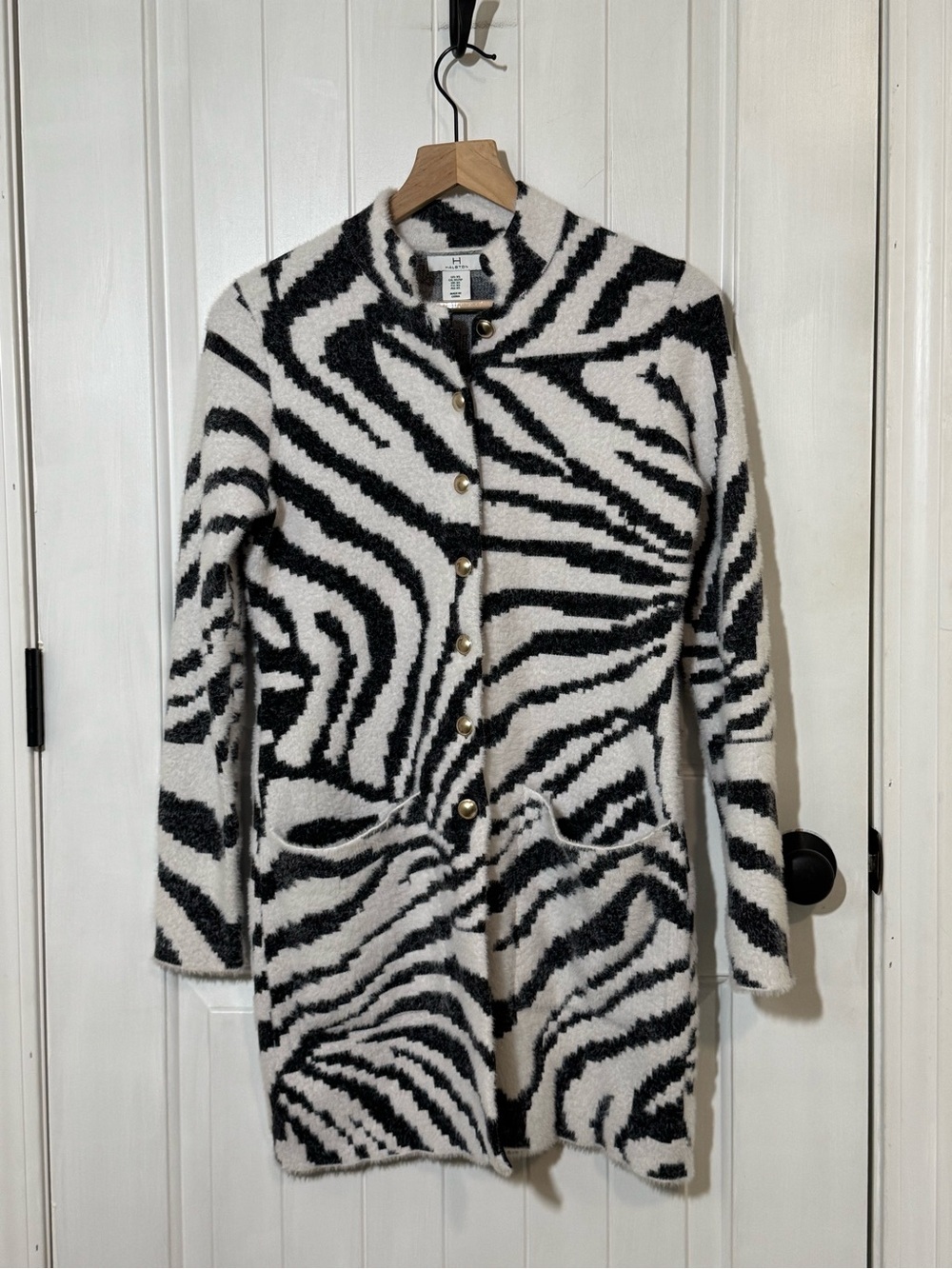 Halston Heritage Black & White Zebra-Pattern Button Cardigan